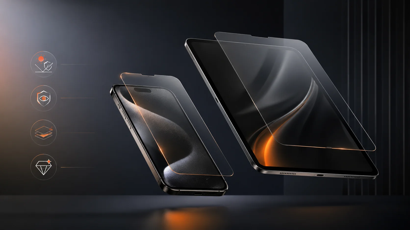 HSONE premium technology hero visual featuring tempered glass solutions for phone and tablet devices