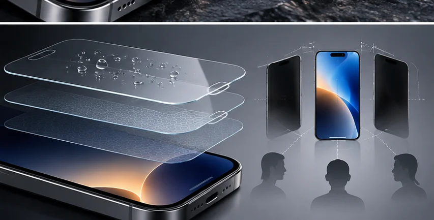 Conceptual view of layered glass/coatings and side-angle privacy behavior