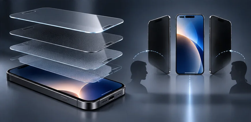 Conceptual privacy-glass stack and restricted side-angle viewing