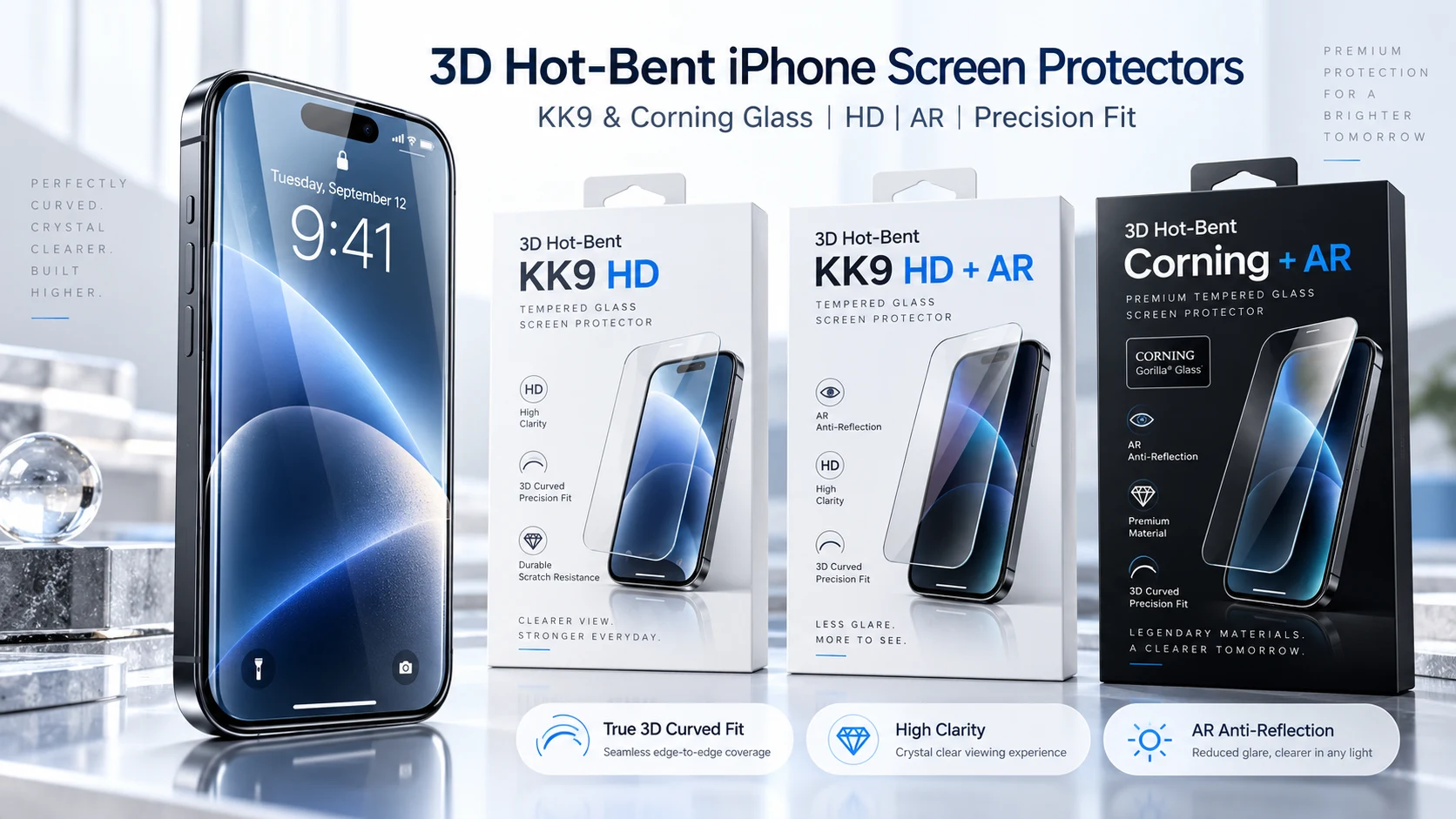 Three-tier 3D hot-bent iPhone screen protector concept featuring KK9 HD, KK9 HD plus AR, and Corning plus AR