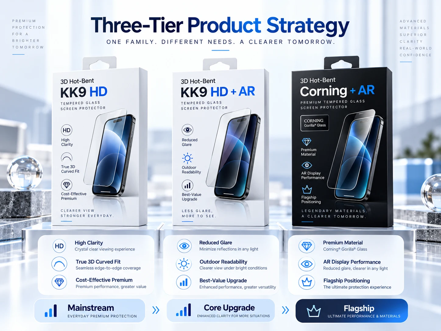 KK9 HD, KK9 HD plus AR, and Corning plus AR three-tier product concept